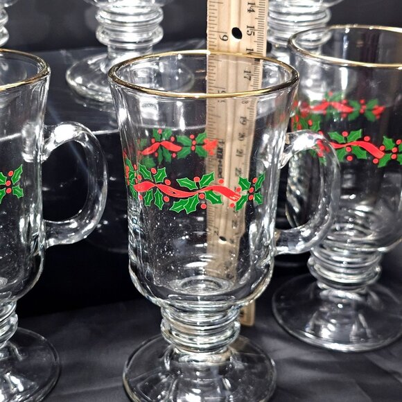 6 Libbey Holly Ribbons Irish Coffee Glasses 5.5" Christmas latte hot cocoa vtg - Picture 5 of 10